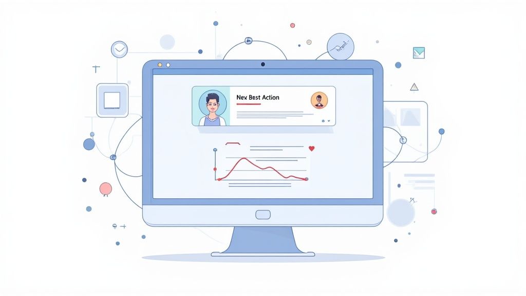 A desktop monitor displays a user profile card and a data line graph with interconnected icons.