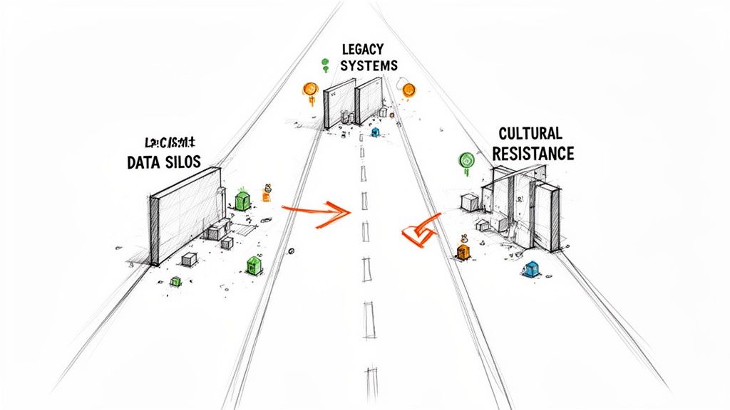 A drawing of a road blocked by data silos, legacy systems, and cultural resistance obstacles.