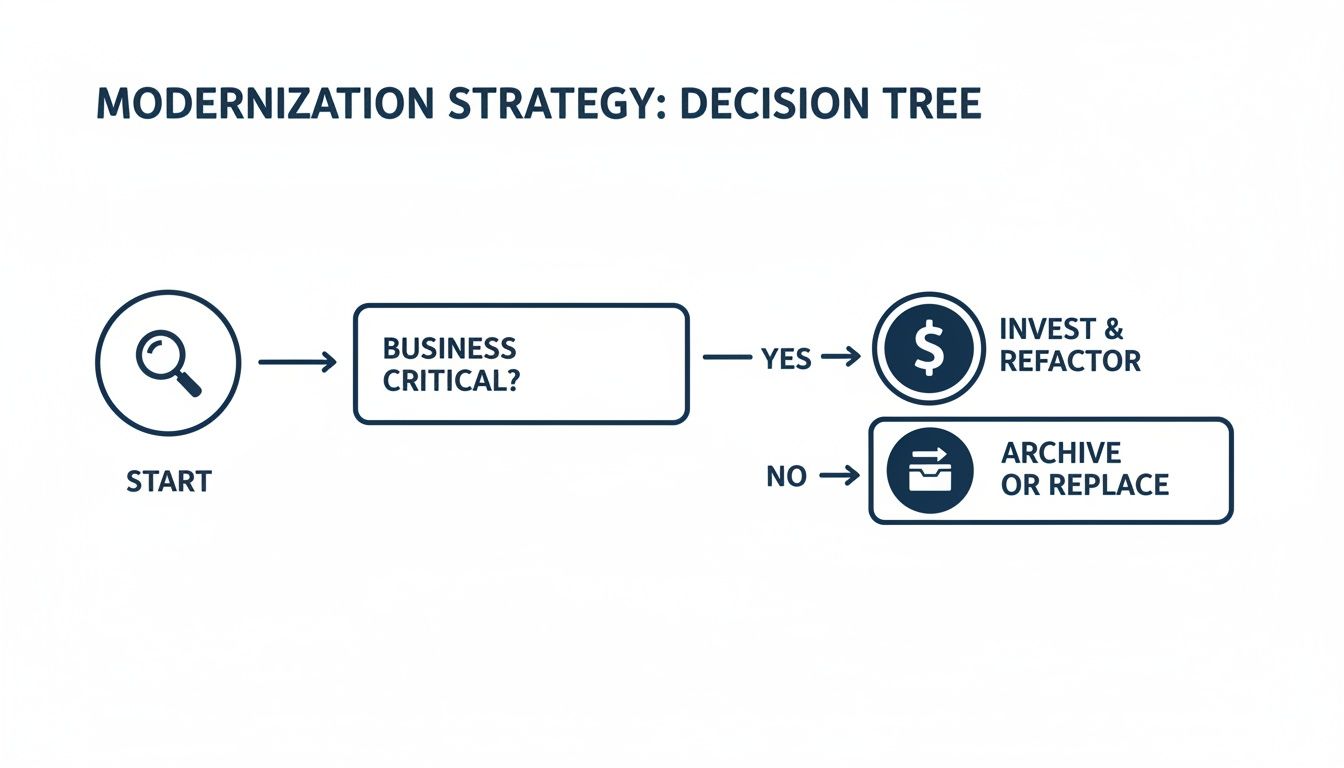 A modernization strategy decision tree flow, asking if a system is business critical, leading to refactor or archive.
