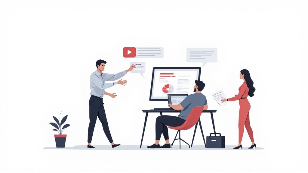 Business team collaborating on CRM system implementation with digital workflow and documentation