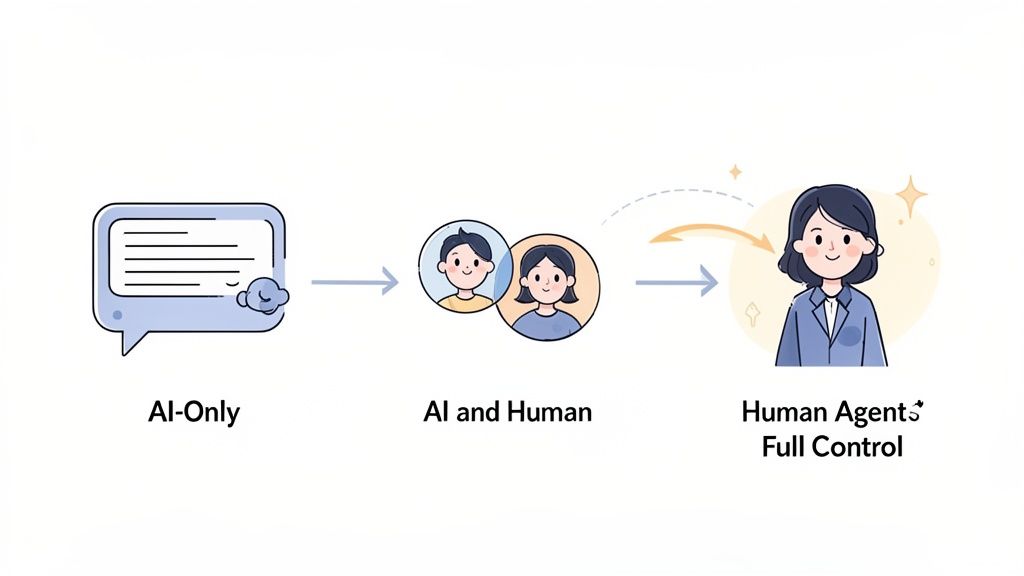 An infographic illustrating the progression from AI-only interaction to AI and human collaboration, culminating in full human agent control.