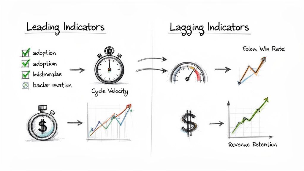 Chart comparing leading indicators like adoption and cycle velocity with lagging indicators such as win rate and revenue retention.