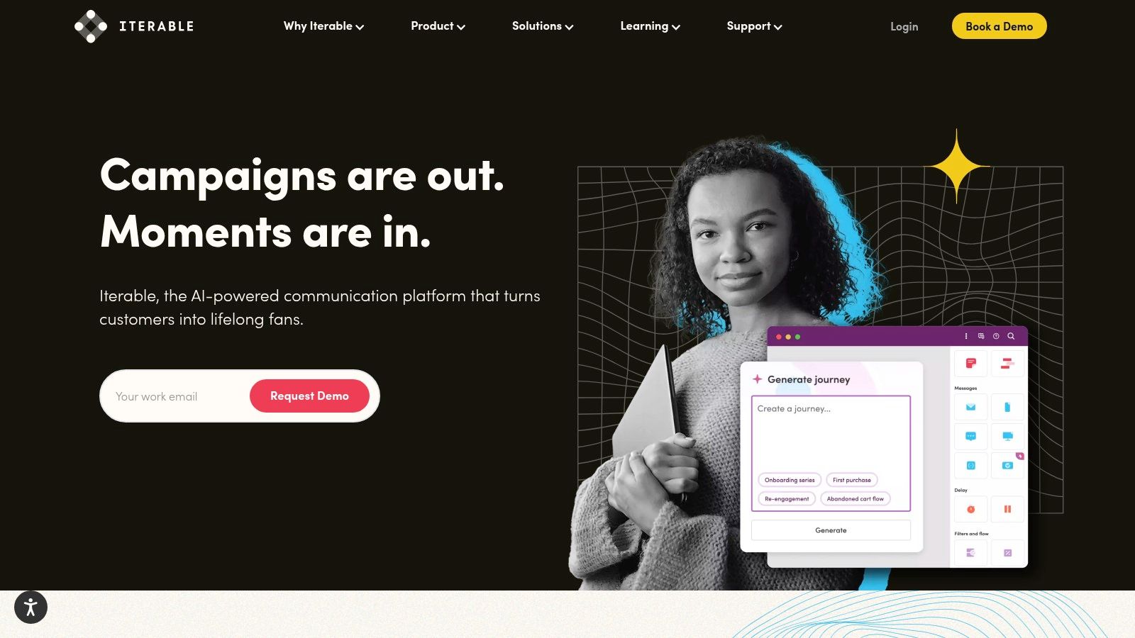 Iterable's workflow studio showing a visual customer journey builder with triggers, actions, and delays.