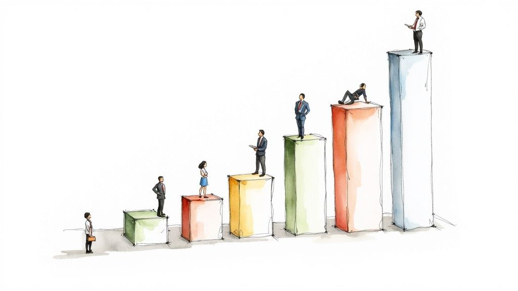 A diverse team of professionals looking at a complex diagram on a glass wall, illustrating different agile maturity models.