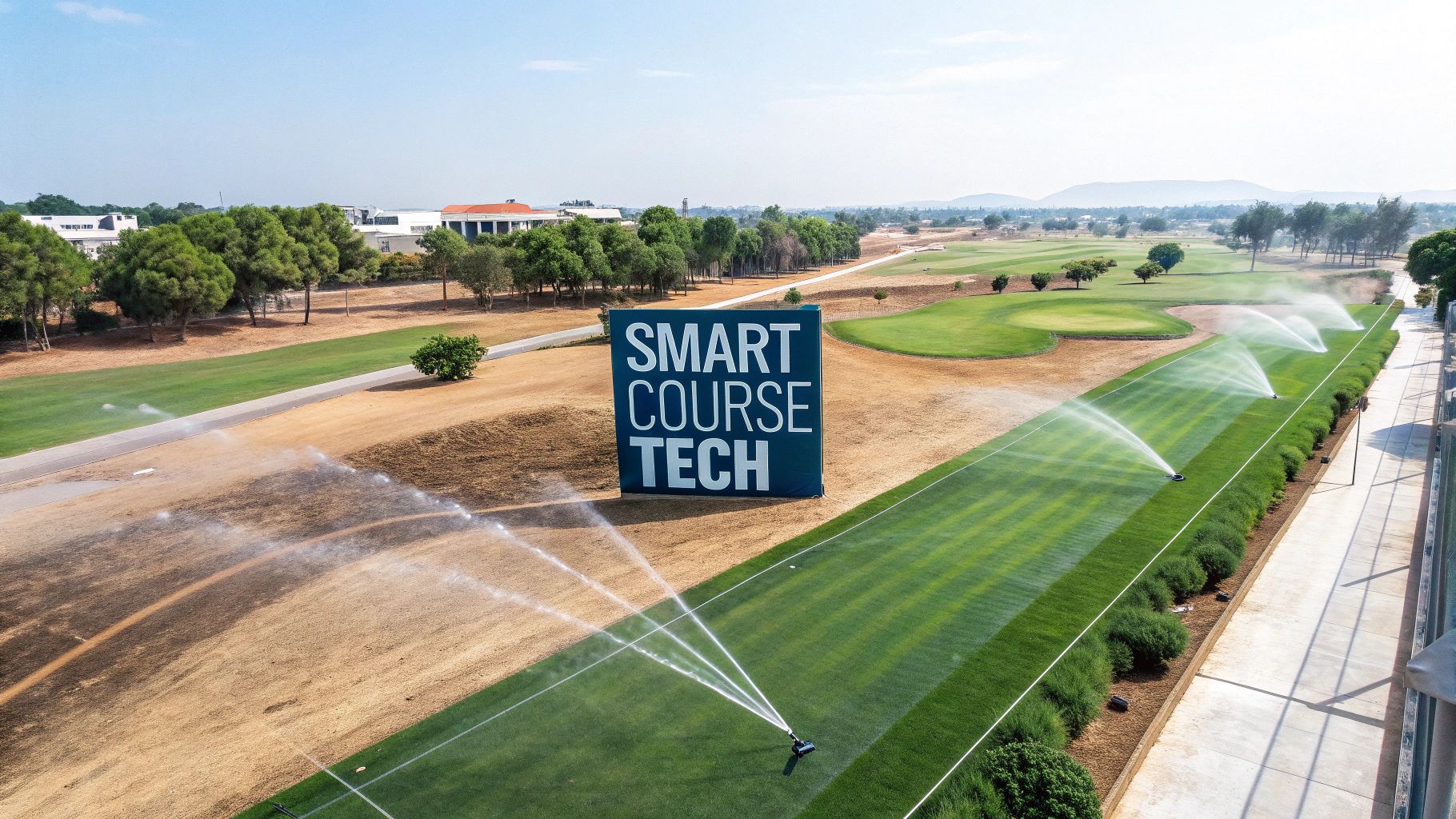 A drone flying over a lush green golf course, capturing aerial data