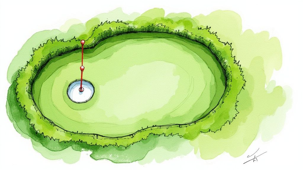 A golfer lining up a putt on a sunny day.