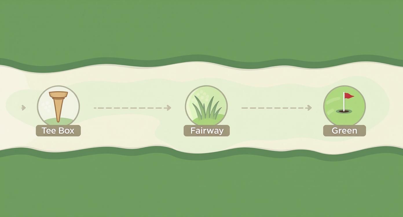 A golf course diagram illustrating the progression from Tee Box to Fairway to Green with icons.