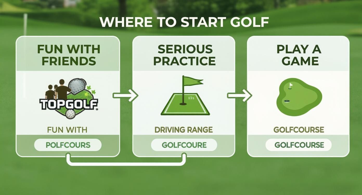 Infographic decision tree showing paths for getting into golf, including options for fun with friends, serious practice, and playing a full game.