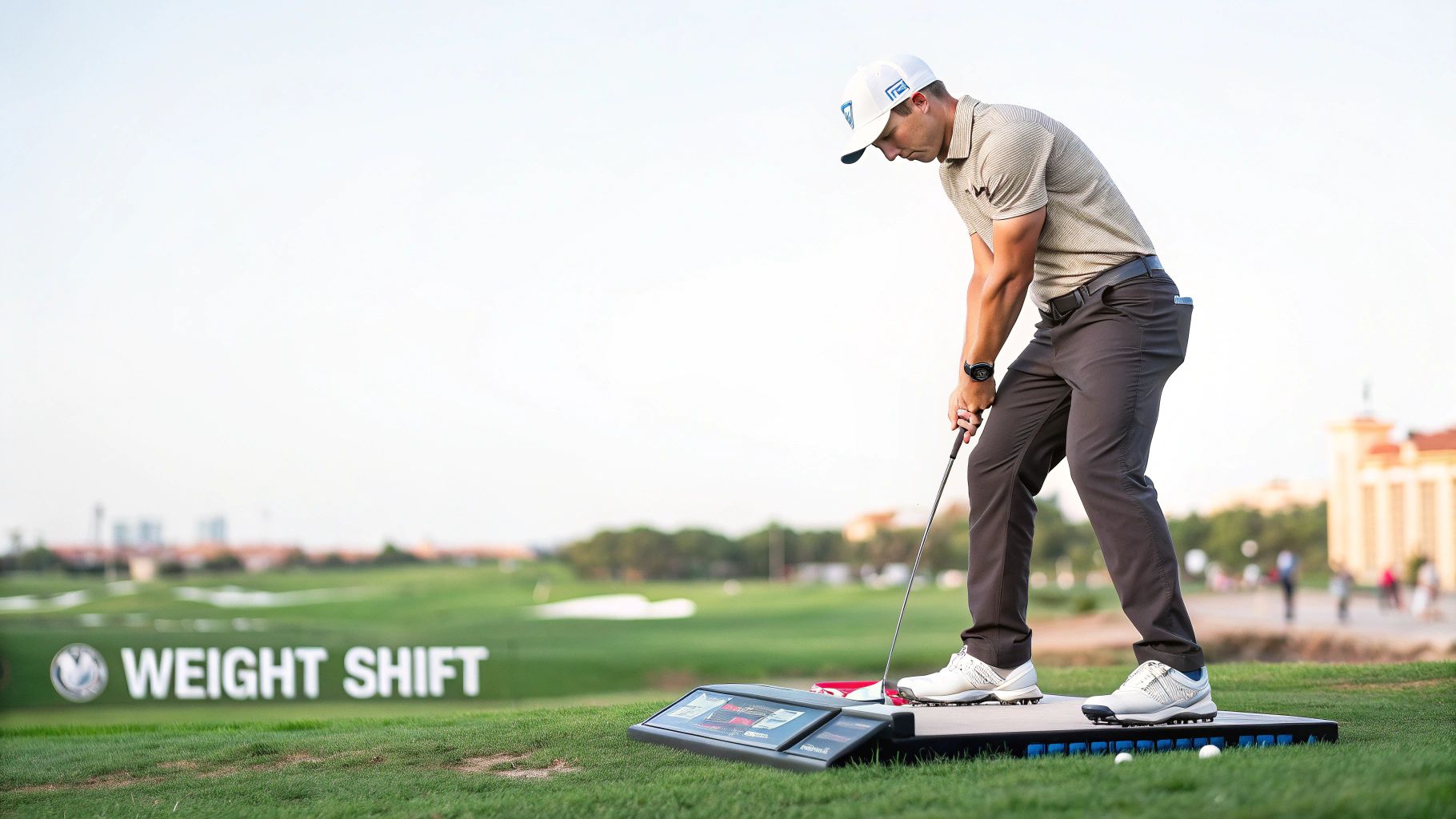 A male golfer practices on a weight shift training mat on a sunny golf course.
