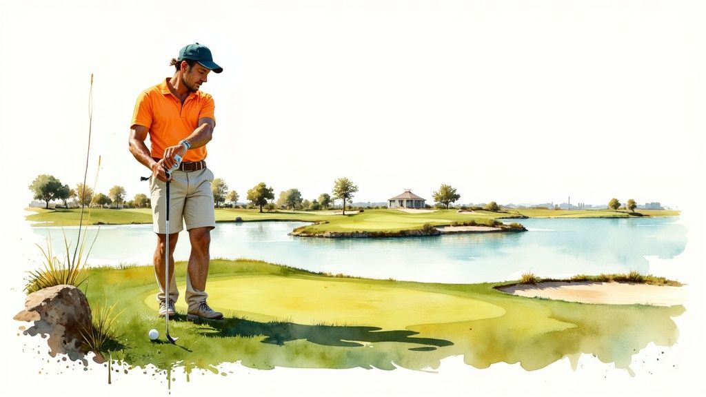 A golf course rater using a rangefinder to measure distances on a green.