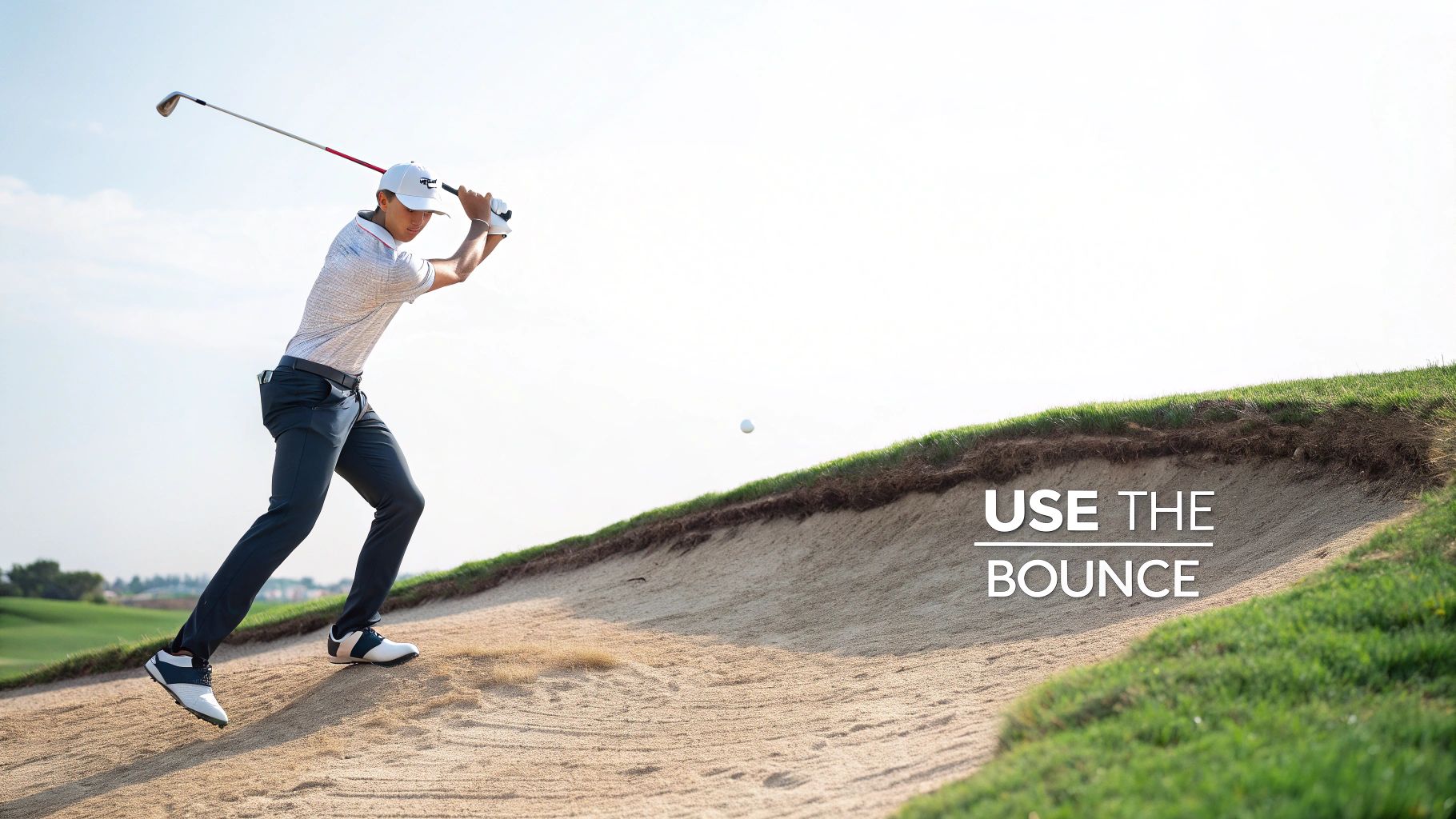Golfer executing bunker shot technique hitting ball from sand trap onto green