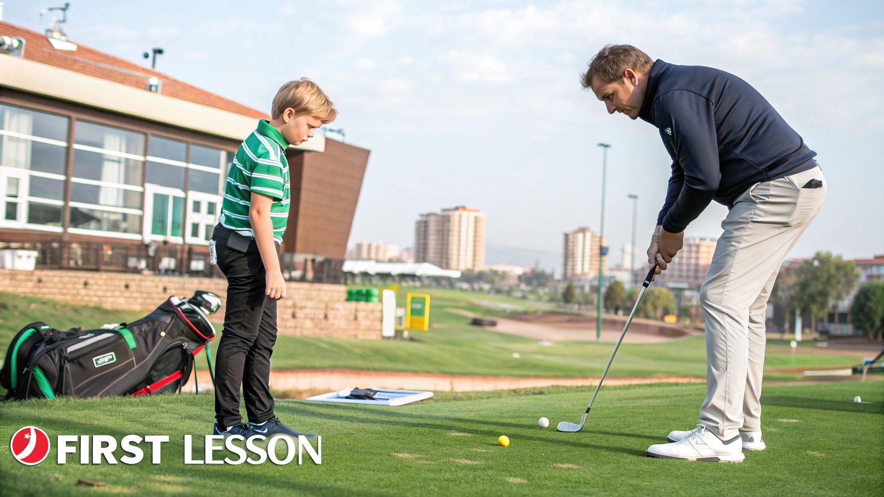 A golf instructor observing a beginner's swing form at a driving range.