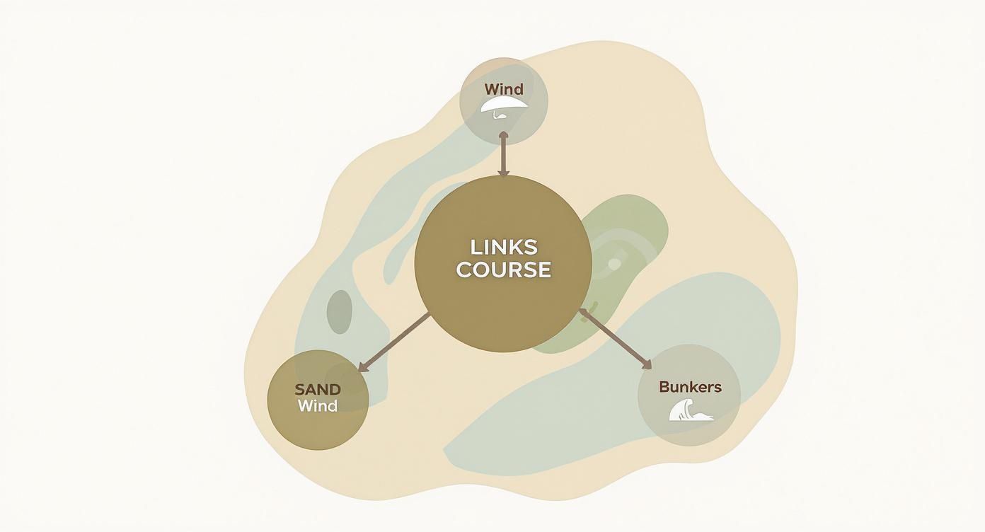 Diagram illustrating a links golf course, highlighting key features like wind, sand, and bunkers.