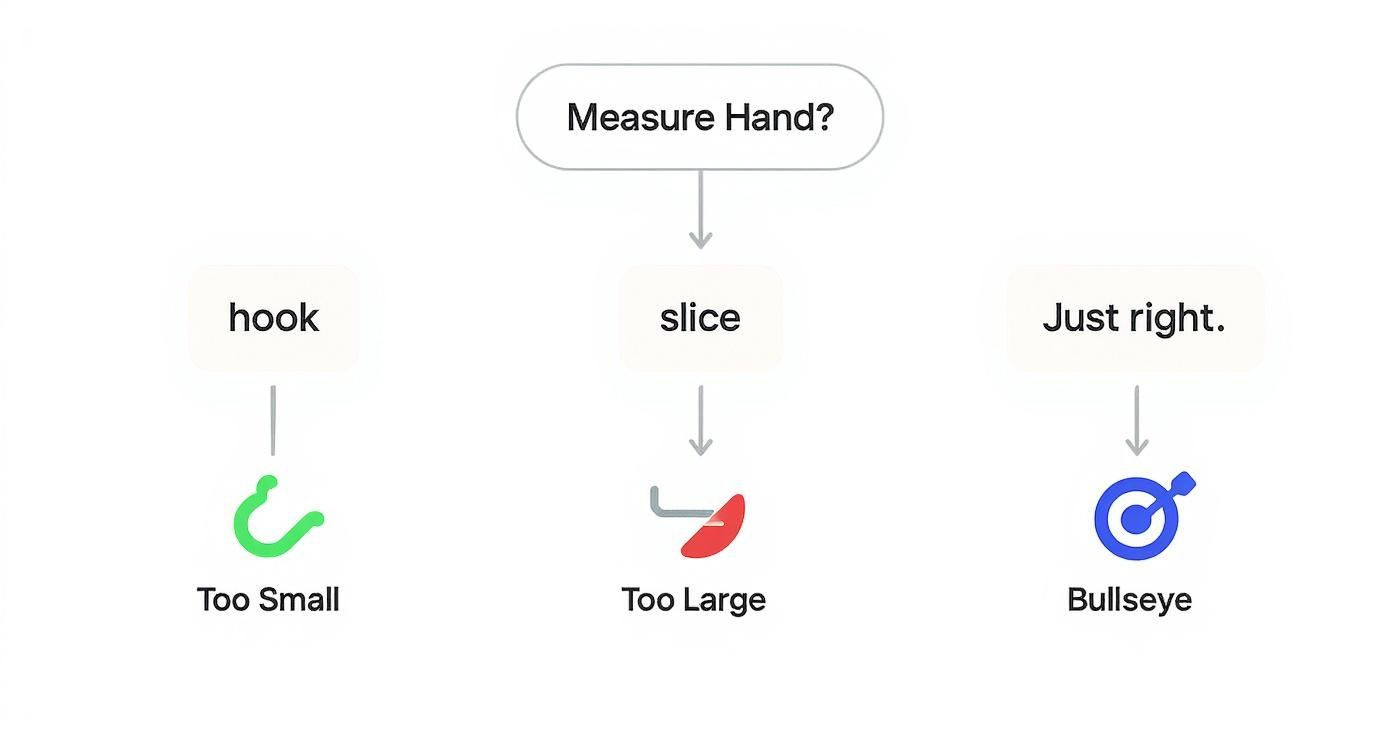 Flowchart illustrating golf grip hand measurement outcomes: hook (too small), slice (too large), or bullseye (just right).