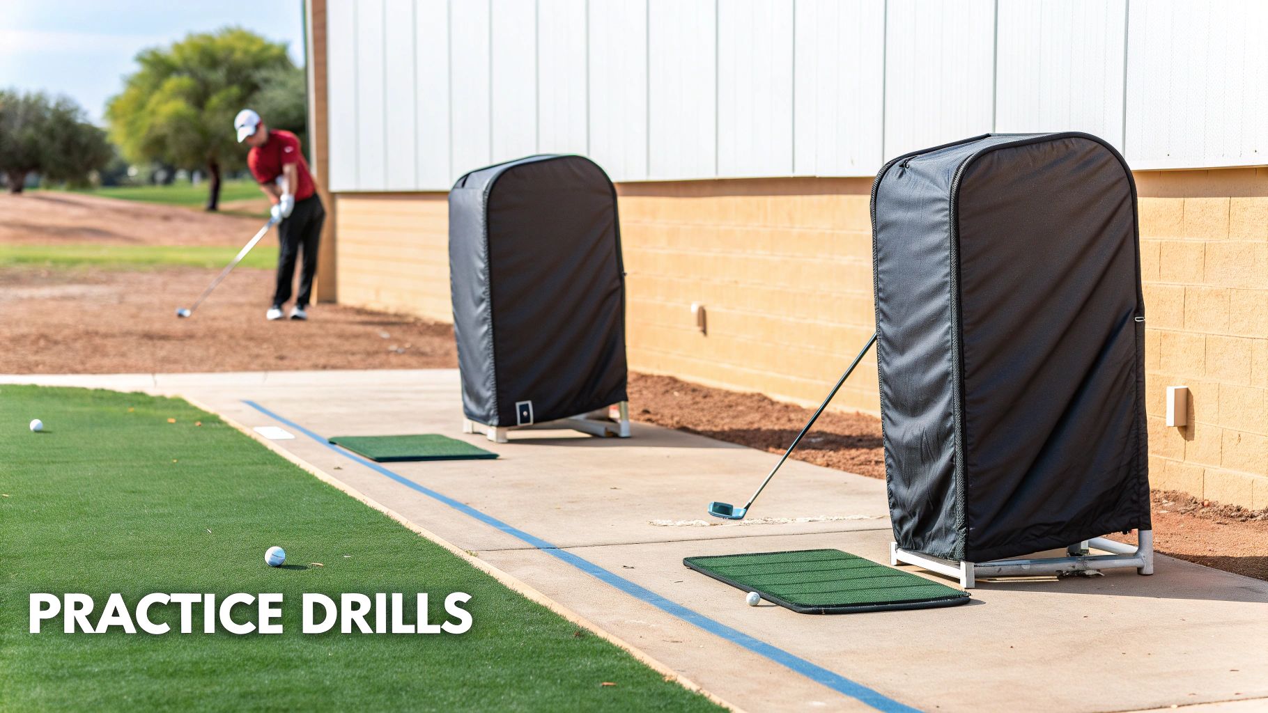 A golfer practicing drills on a driving range with alignment sticks.