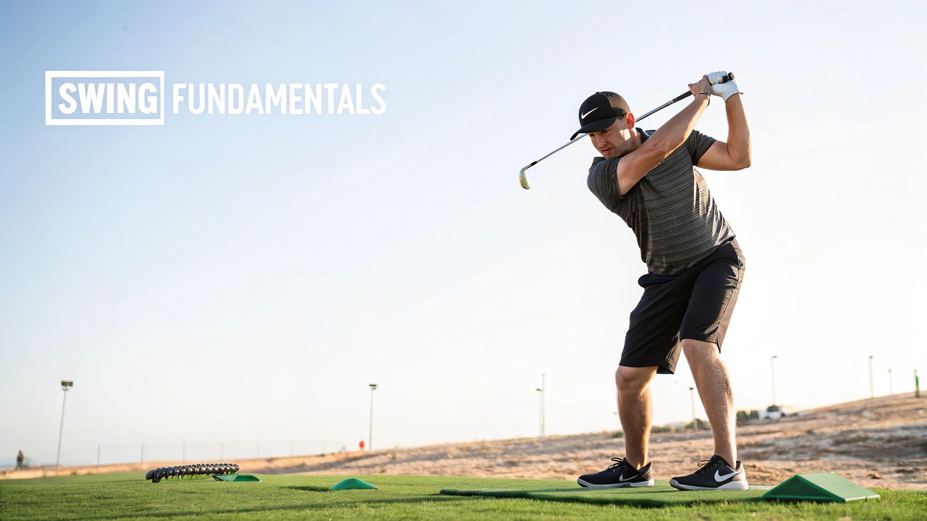 A golfer demonstrating proper athletic posture and grip on a golf club.