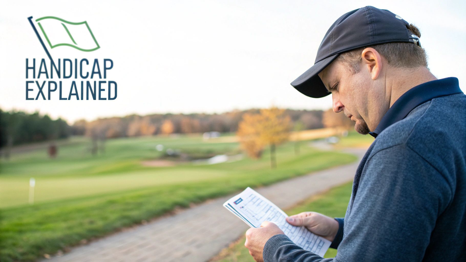 A golfer checking the scorecard on a sunny golf course.