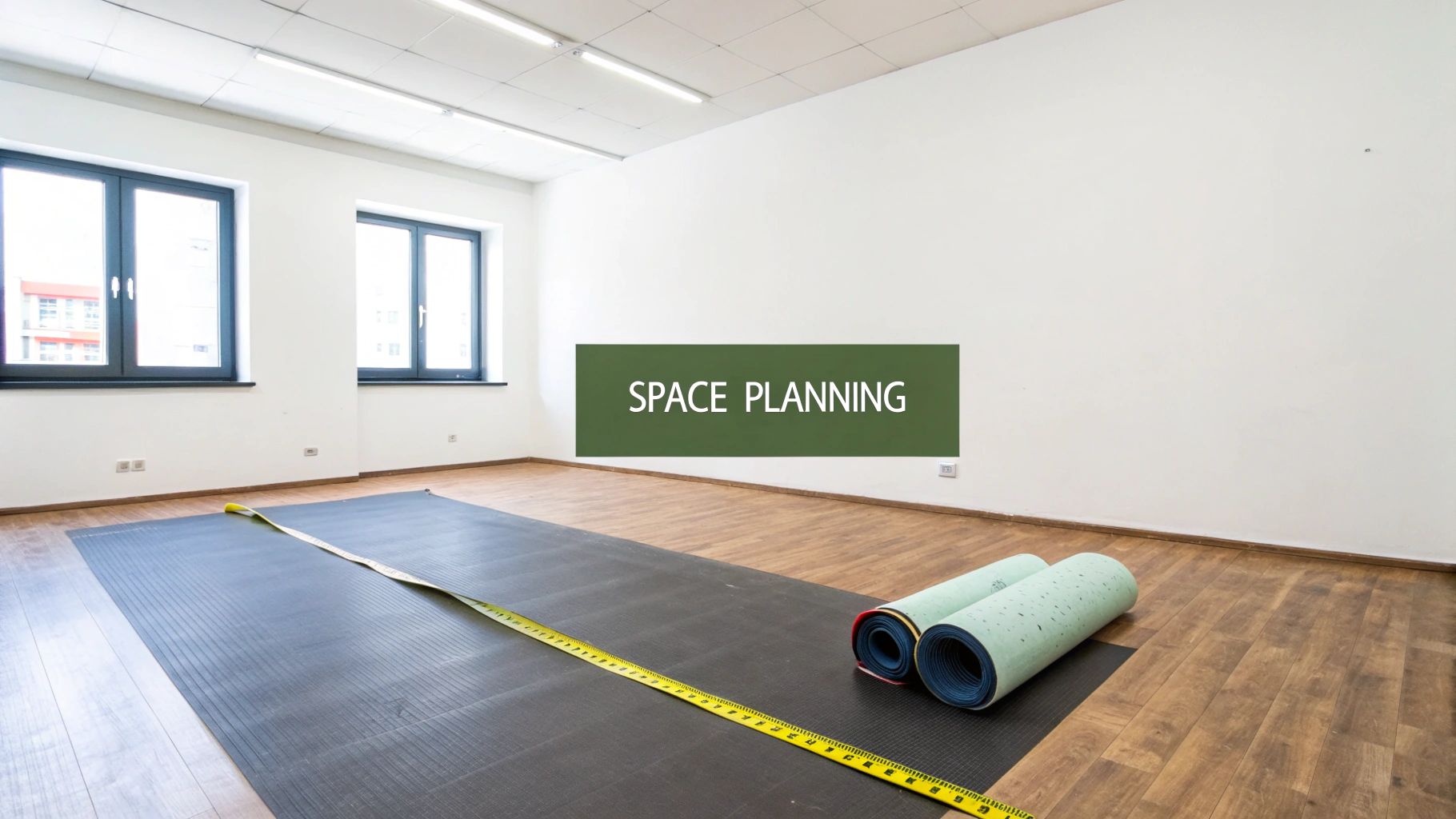 An empty room with white walls, wooden floor, and mats being measured for space planning.