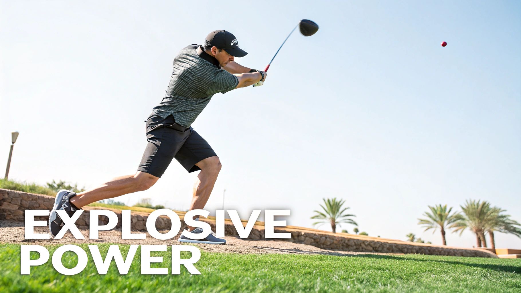 A male golfer powerfully swings a driver, transferring weight, with a red golf ball flying high against a bright sky.