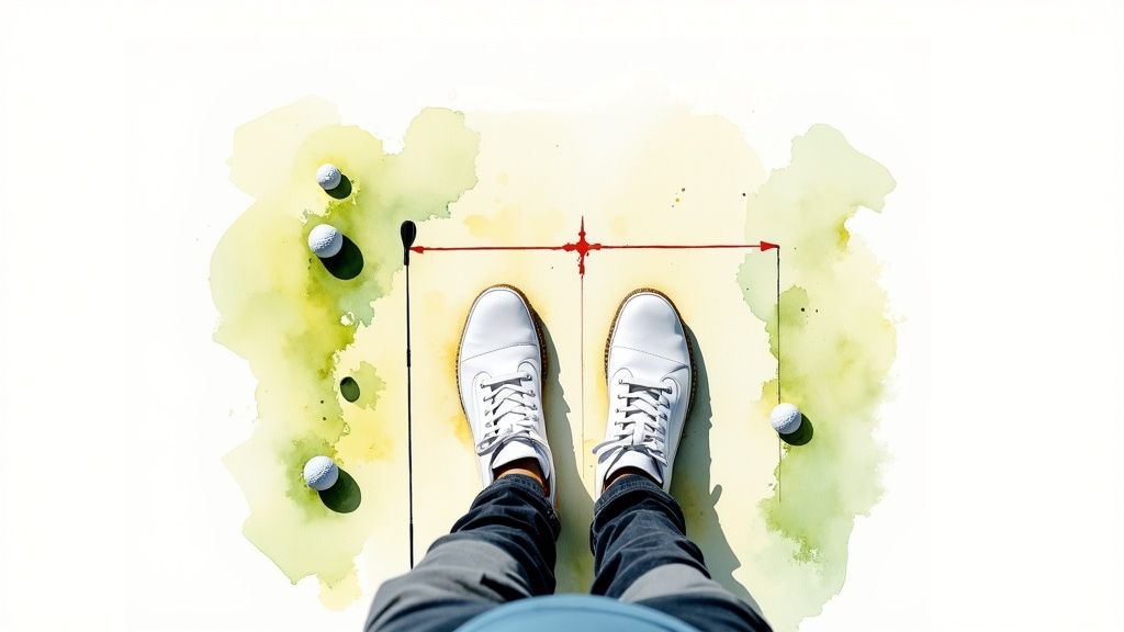 A golfer using alignment sticks to ensure their shoulders and hips are parallel to the target line.