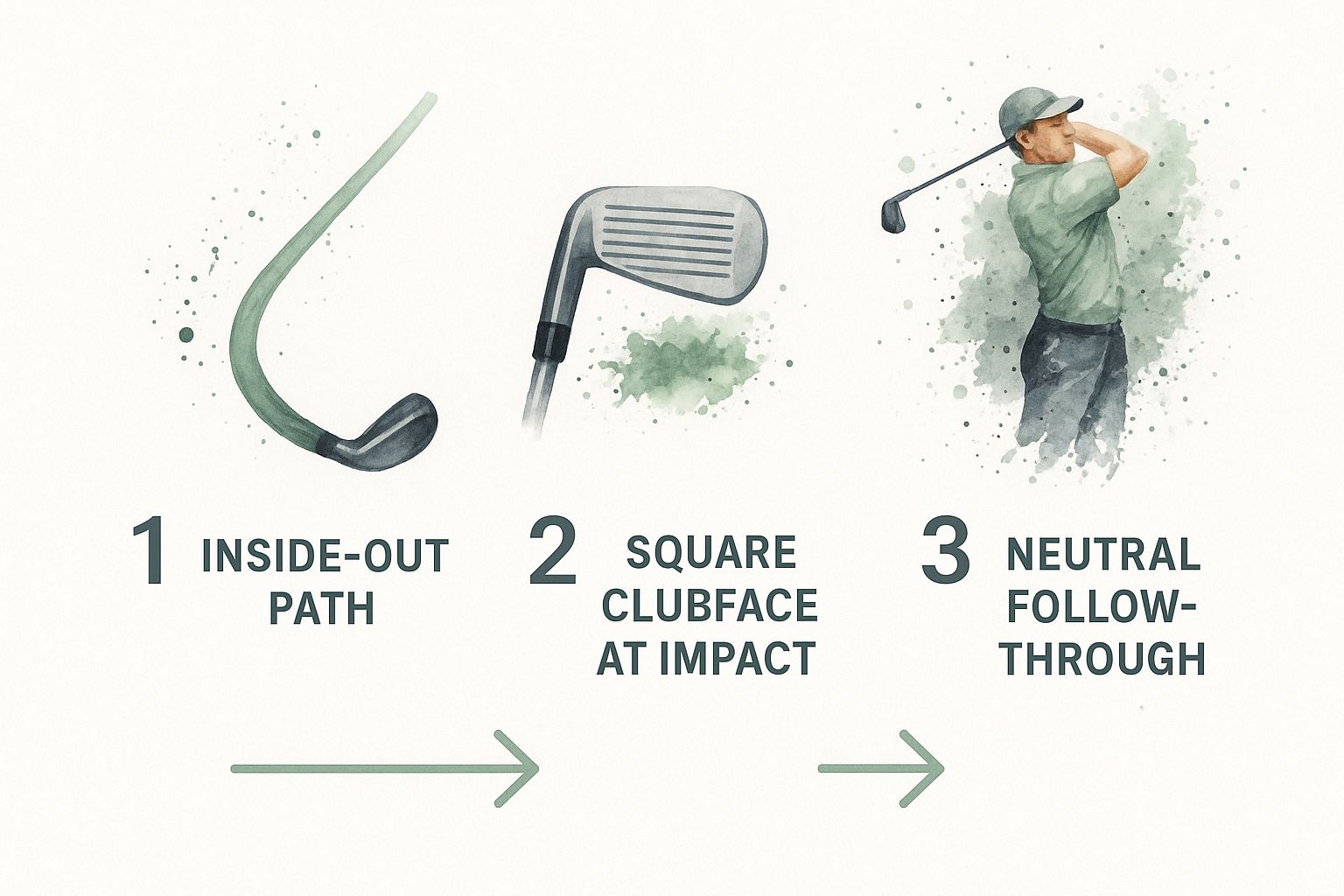 Infographic showing a three-step process to fix a golf slice: an inside-out swing path, a square clubface at impact, and a neutral follow-through.