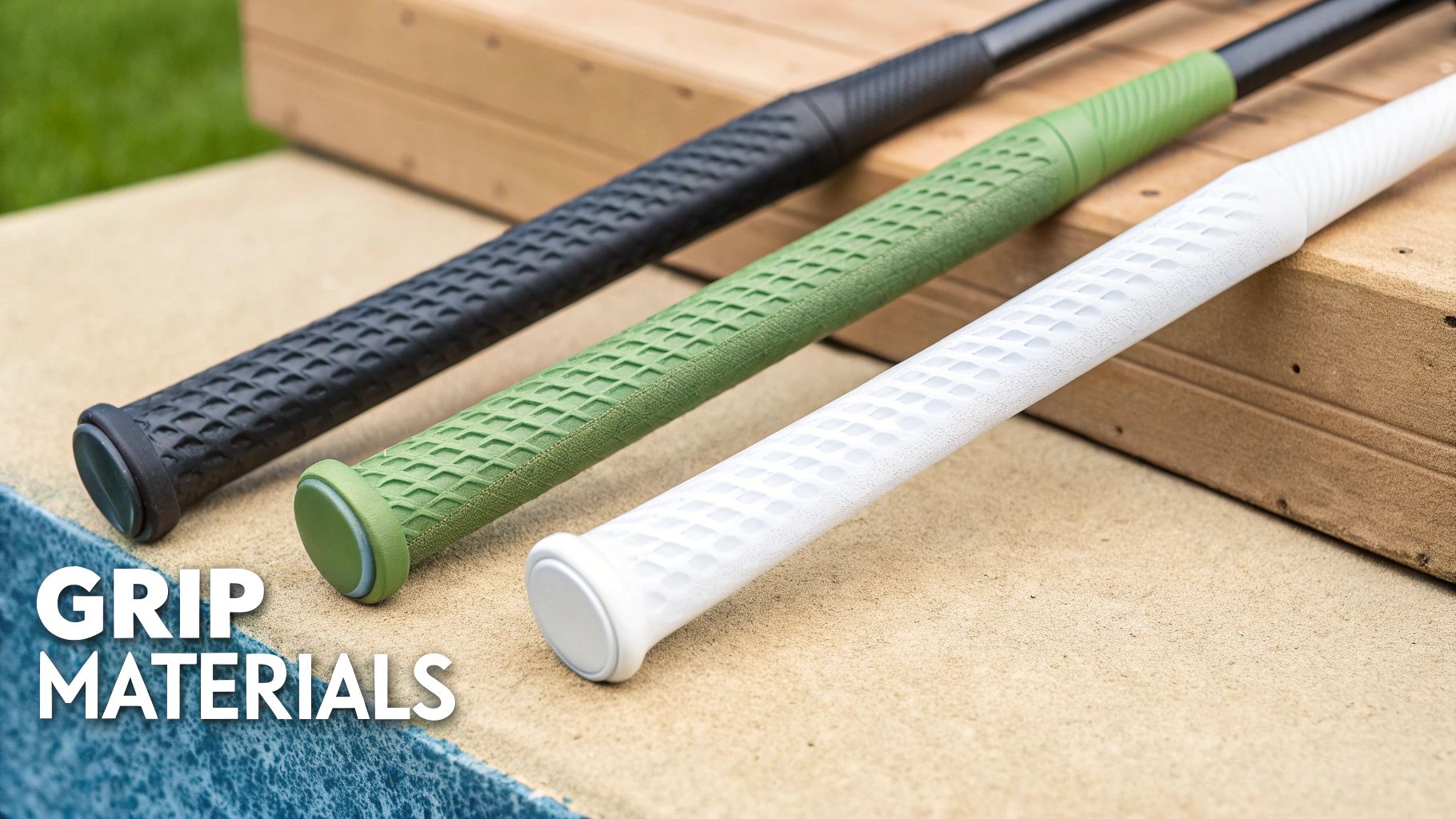 Three textured grips in black, green, and white, showcasing various grip materials and designs.