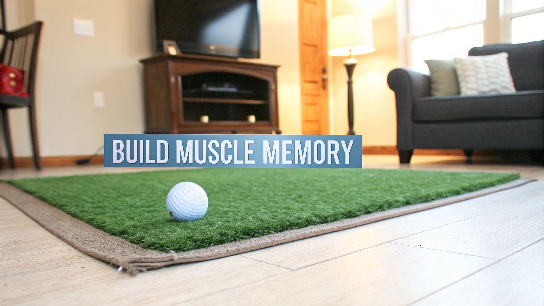 A golfer practicing putting on a green carpet at home, with a focus on the ball and putter.