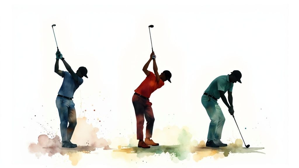 A golfer in a white shirt and gray pants mid-swing on a green golf course