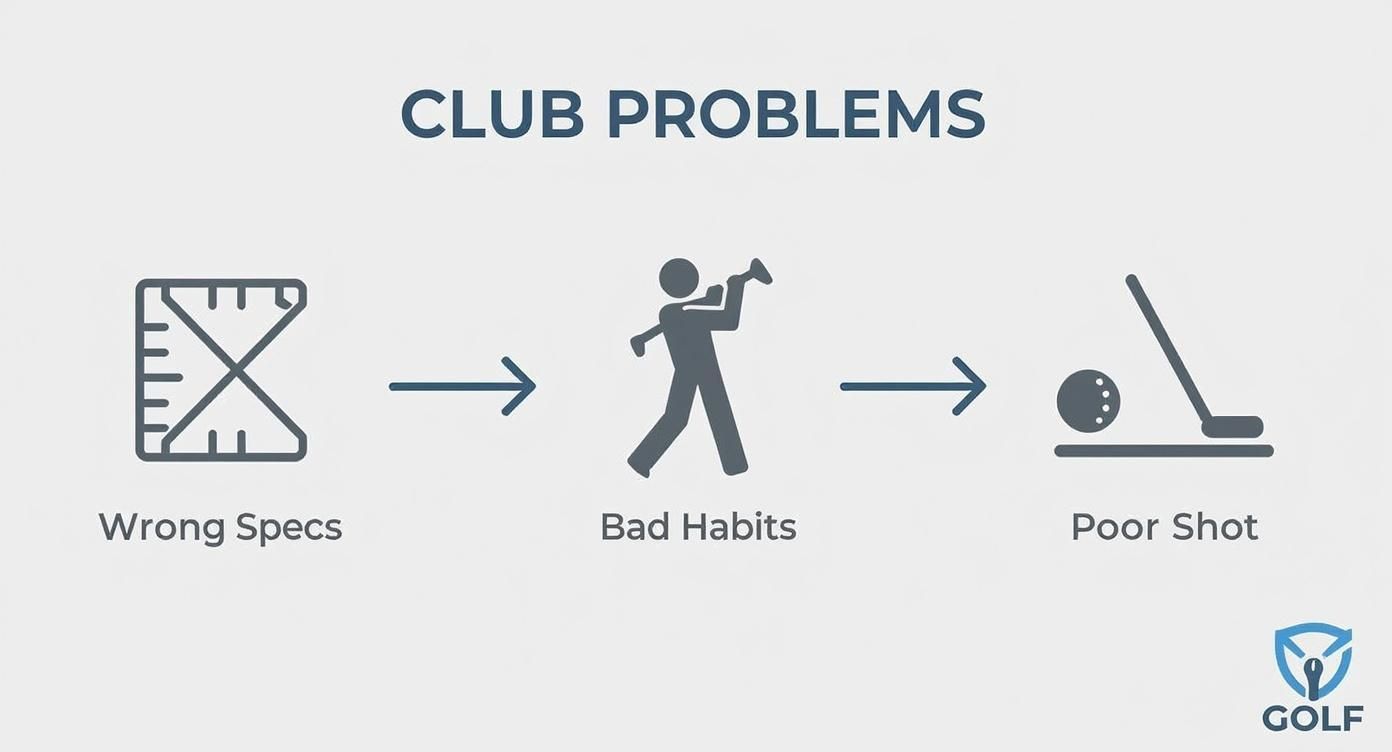 Infographic showing how wrong club specs lead to bad swing habits and ultimately poor shots
