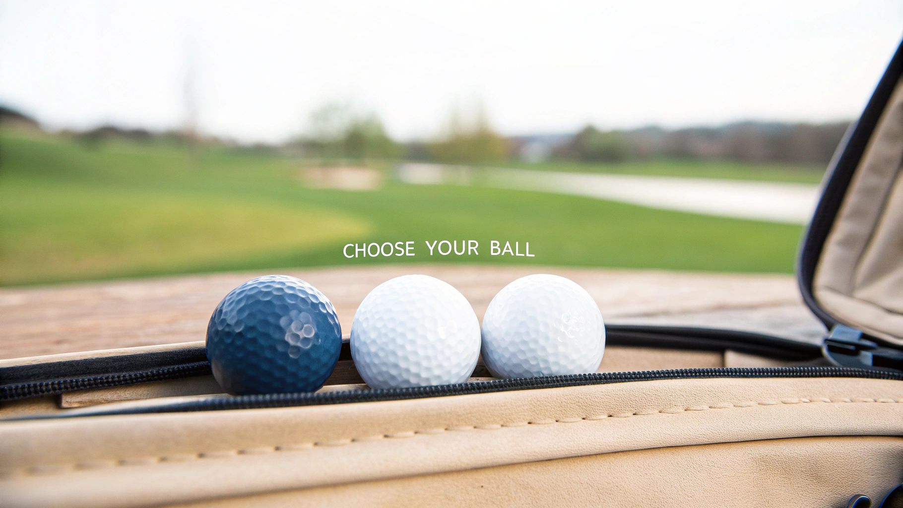 Three golf balls, one blue and two white, in a golf bag pocket with a blurred golf course background.