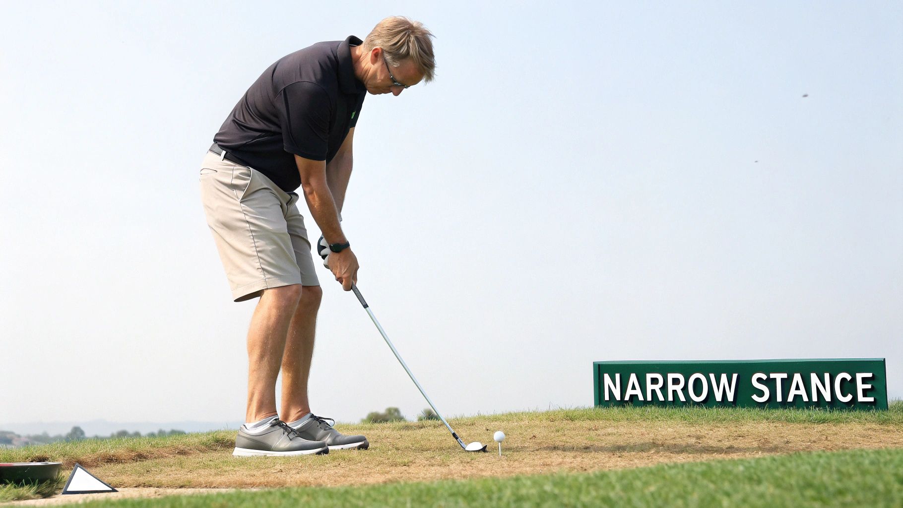 A golfer focusing on their wedge shot setup on a lush green course