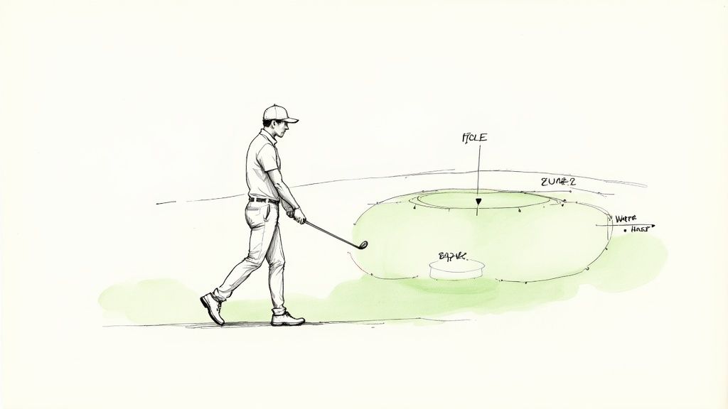 A golfer in mid-swing on a beautifully maintained fairway, with the sun casting long shadows.