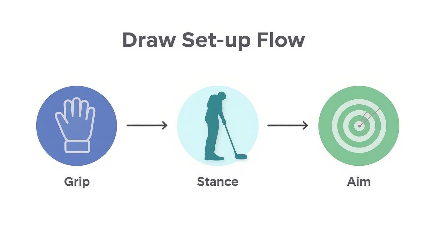A diagram illustrating the three steps for a golf draw setup: grip, stance, and aim.