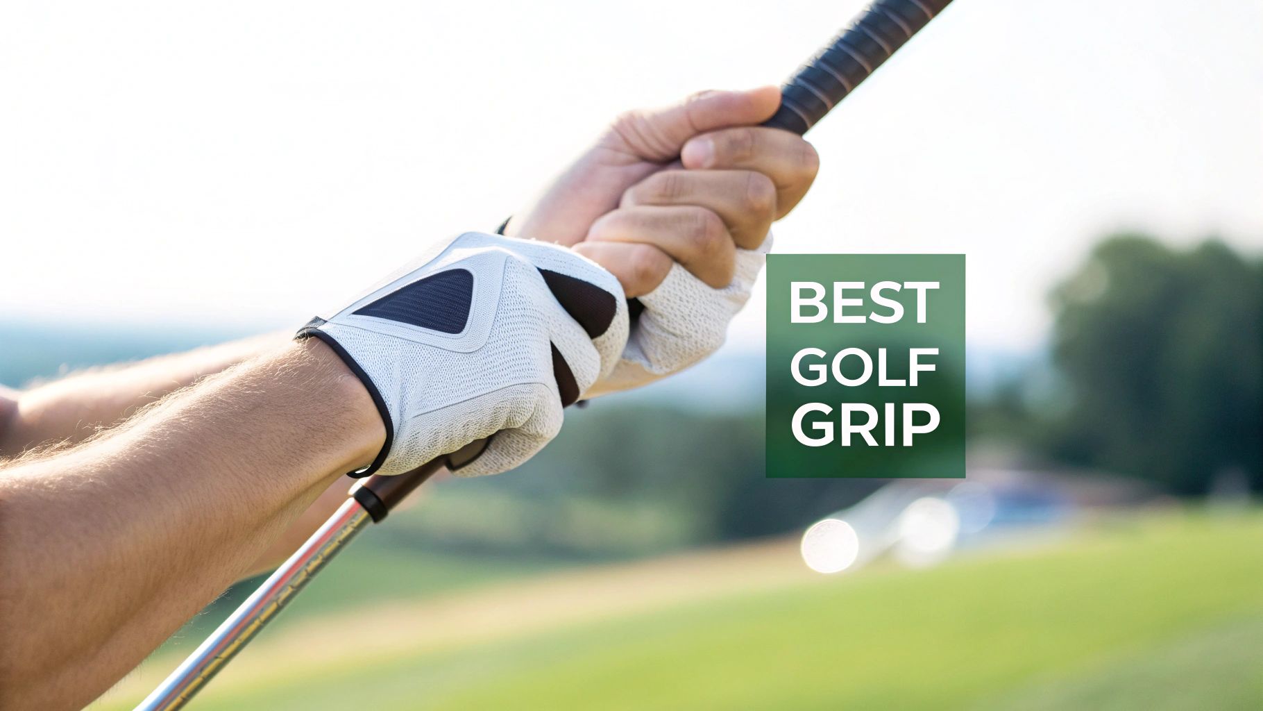 A golfer's gloved hands tightly grip a golf club on a sunny green course.