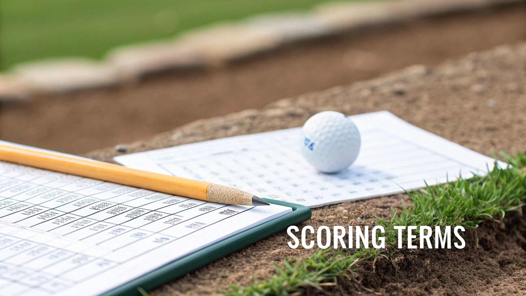 A close-up of a golf ball, pencil, and scorecard on dirt with green grass and text 'SCORING TERMS'.