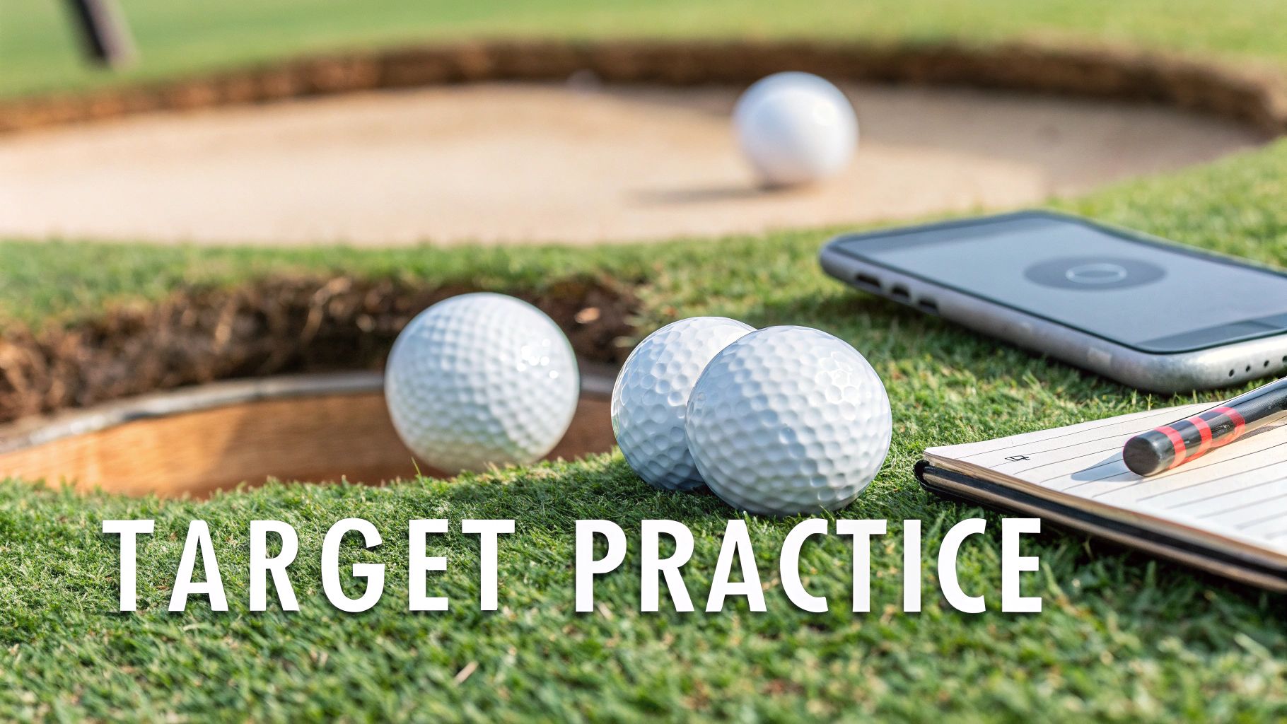 Golf clubs and balls arranged on a green fairway.