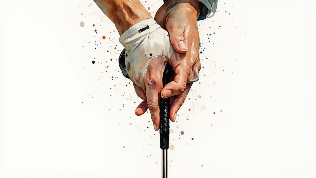 A close-up of a golfer's hands gripping a driver, showing proper knuckle alignment