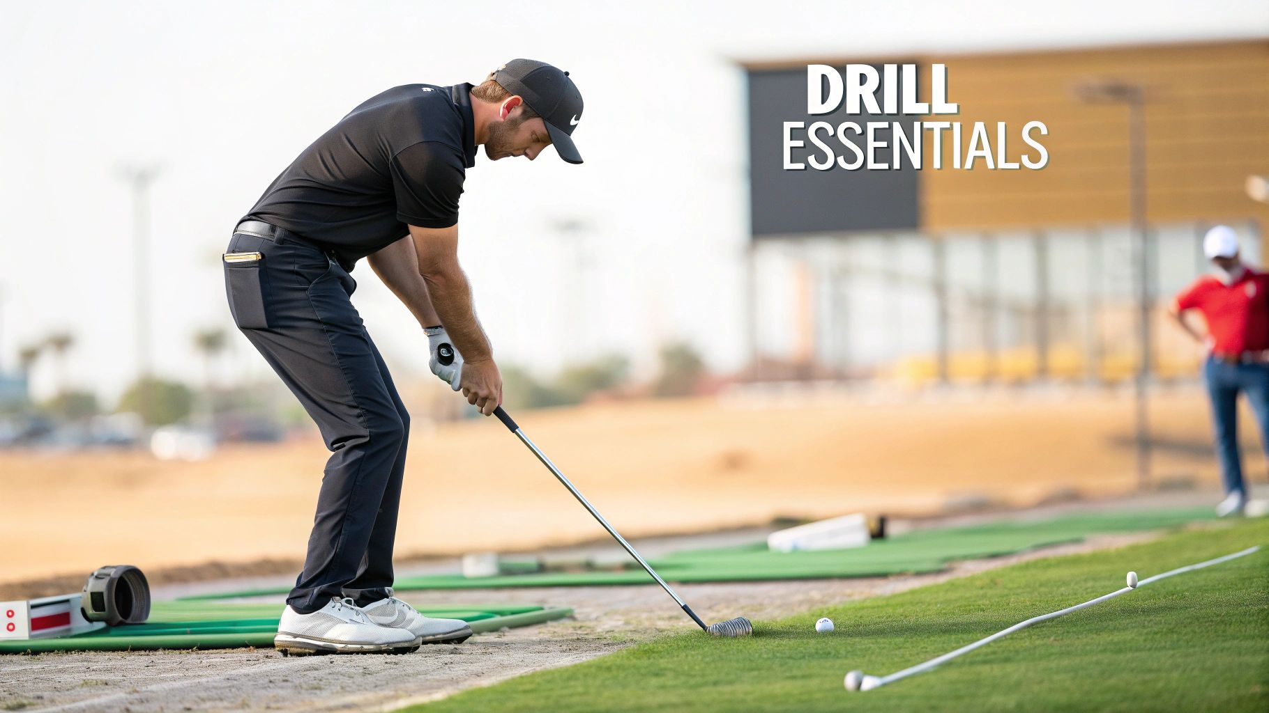 A golfer using alignment sticks during a golf driving range practice session.