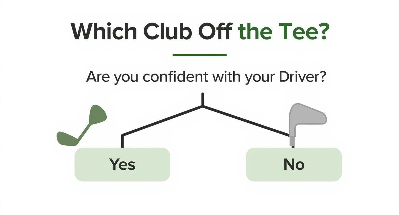 Infographic decision tree asking 'Are you confident with your Driver?' with 'Yes' pointing to a driver and 'No' pointing to an iron.
