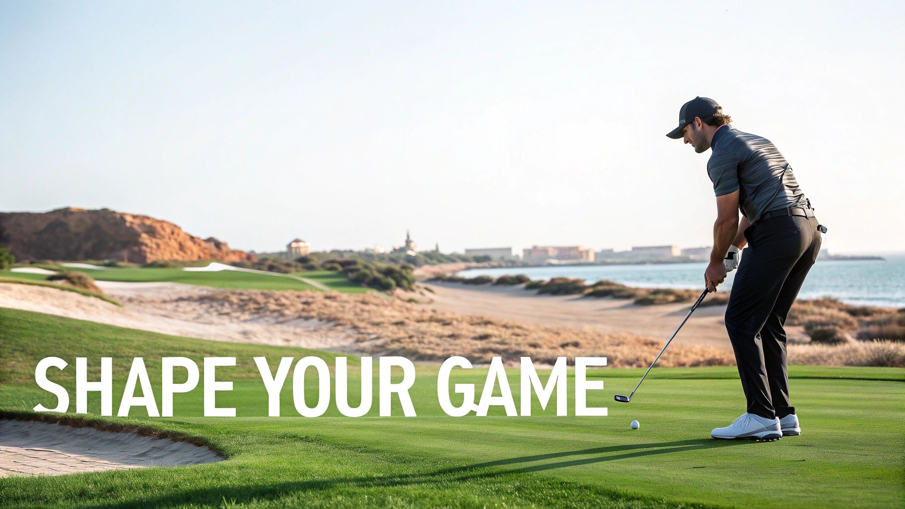 A male golfer in dark attire preparing to hit a golf ball on a scenic coastal golf course, text 'SHAPE YOUR GAME'.