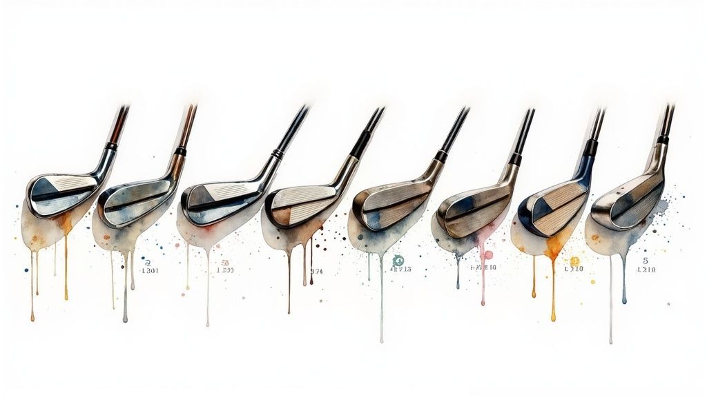 A golfer analyzing the loft on their club iron