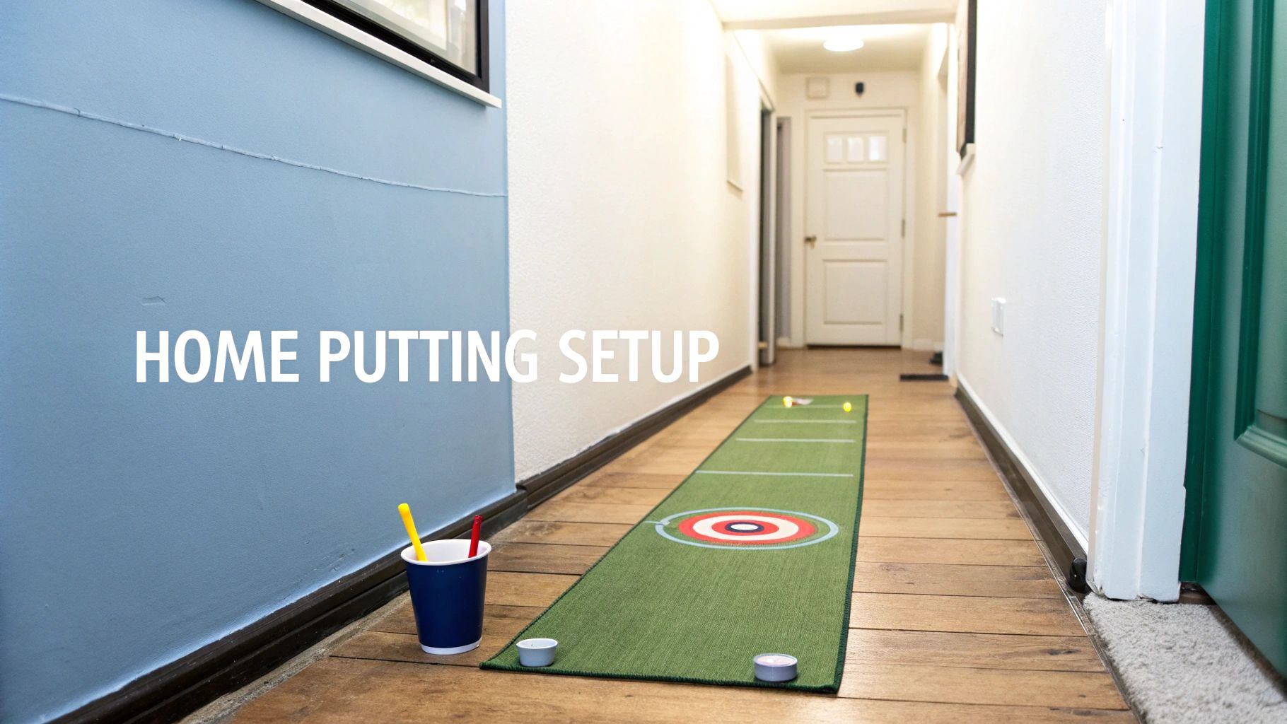 A golfer lining up a putt on an indoor putting green.