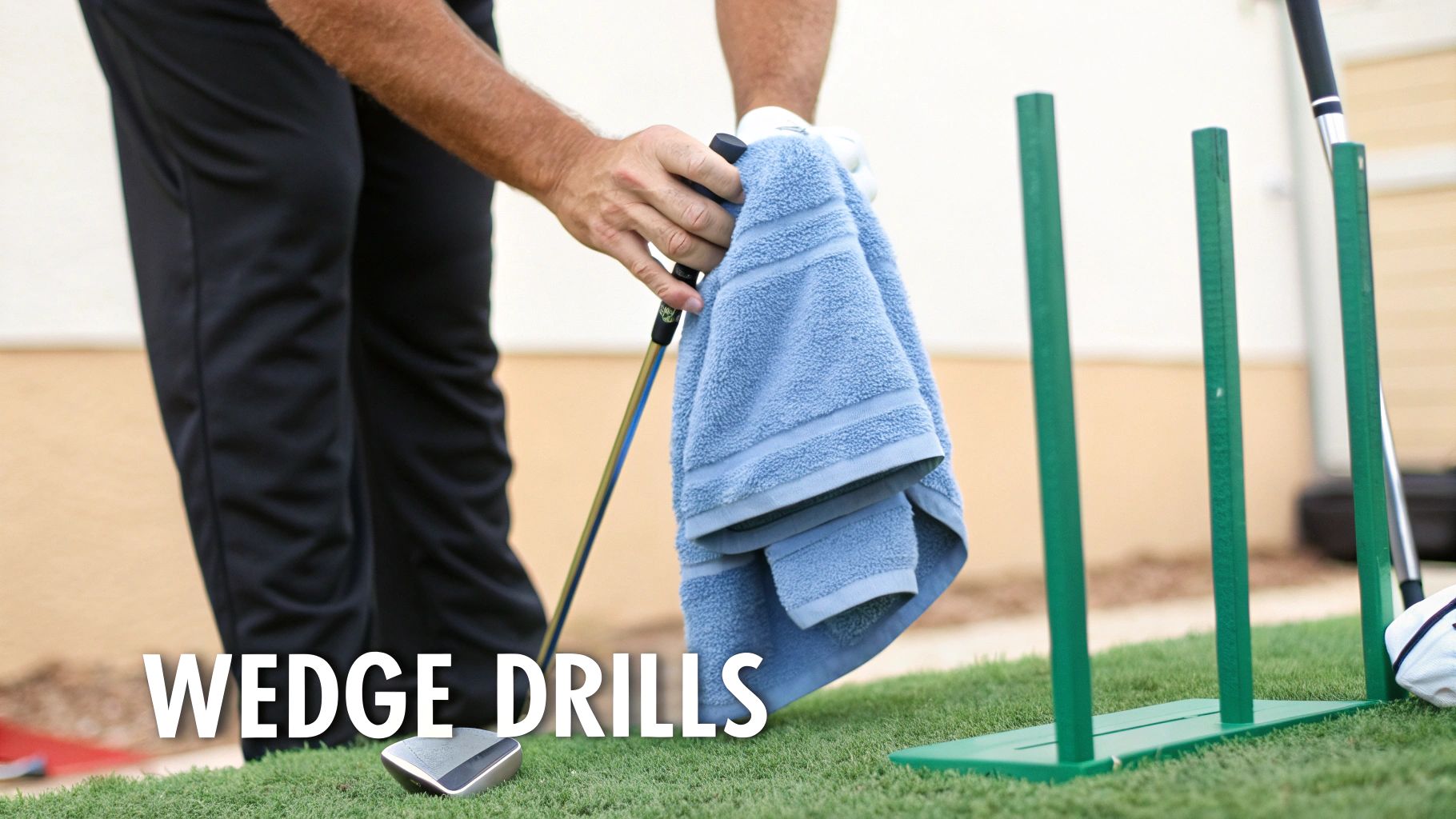 A golfer practicing their wedge swing on a driving range, focusing on technique