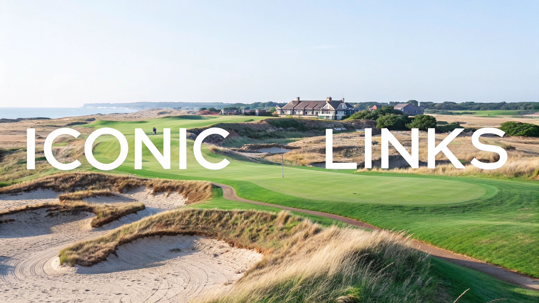 Panoramic view of a seaside links golf course with green fairways, sandy bunkers, and a clubhouse.
