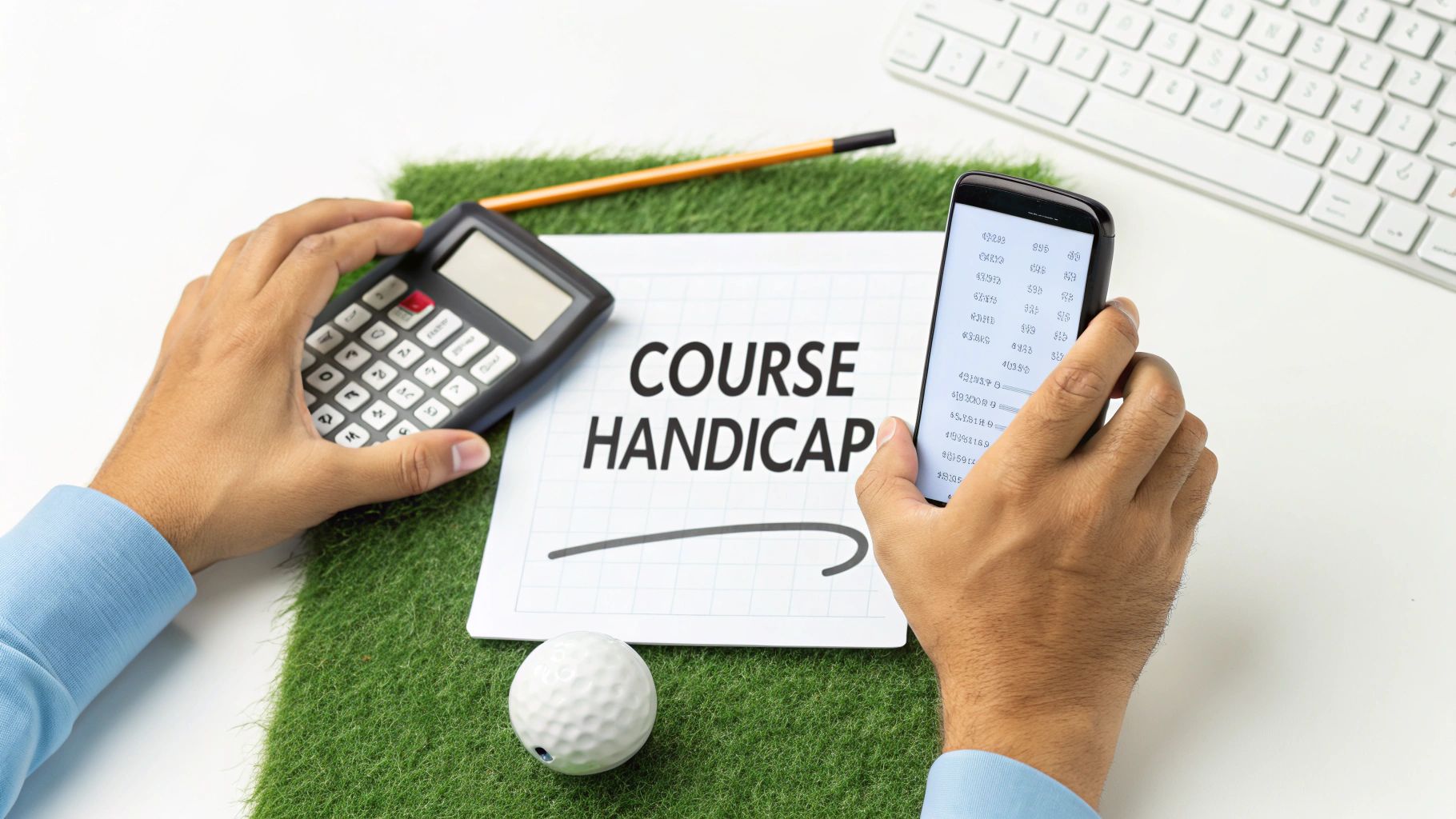 A golfer calculating their score on a digital tablet in a golf cart.