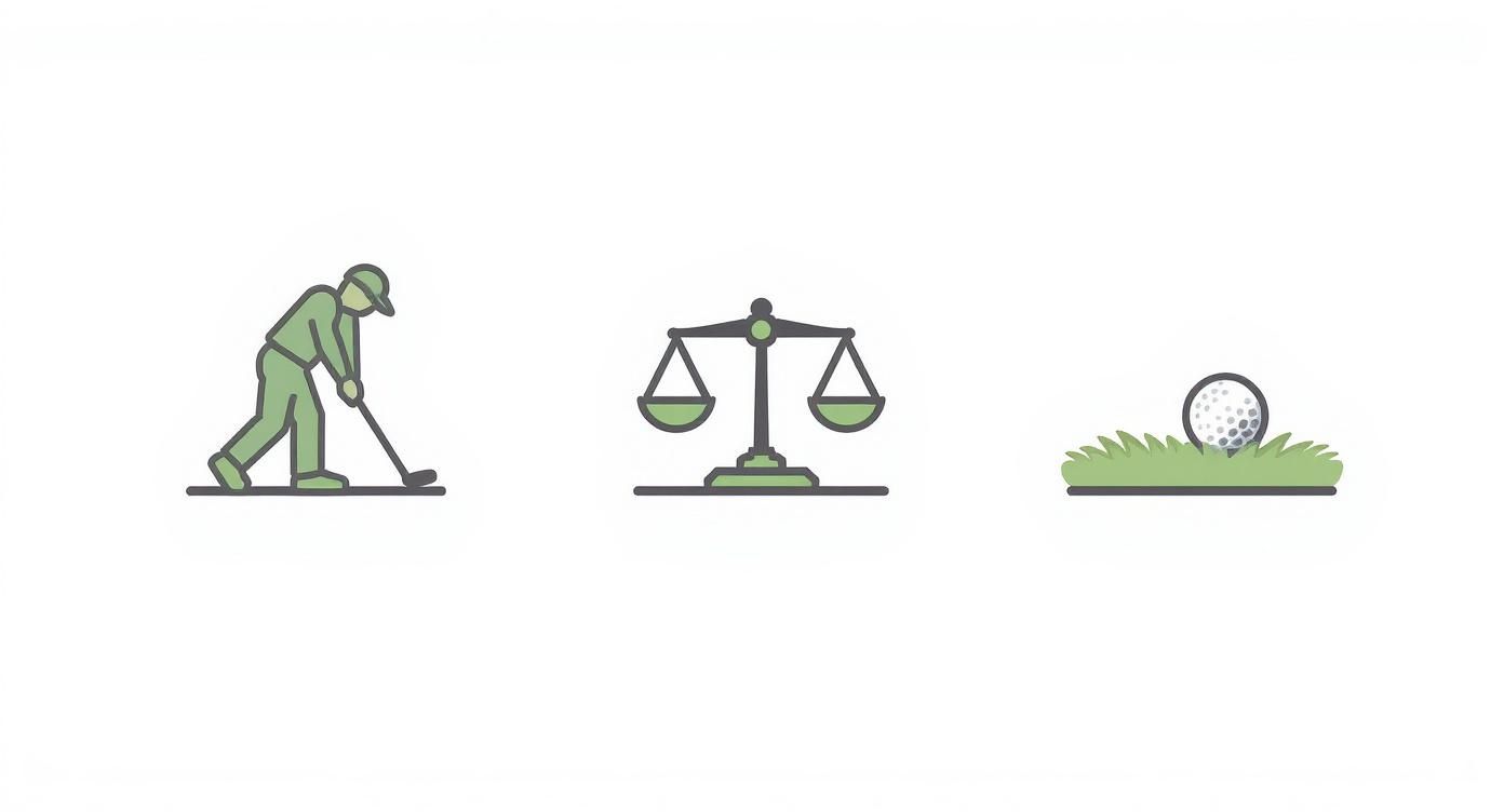 Icons illustrating a golfer, balance scales, and a golf ball, symbolizing rules in golf.