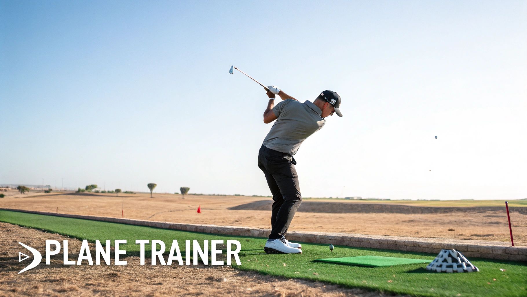 A male golfer in grey and black apparel mid-swing with an iron on a sunny driving range.