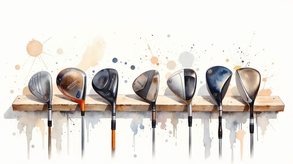 A golfer on the driving range looking thoughtfully at their driver after a shot.