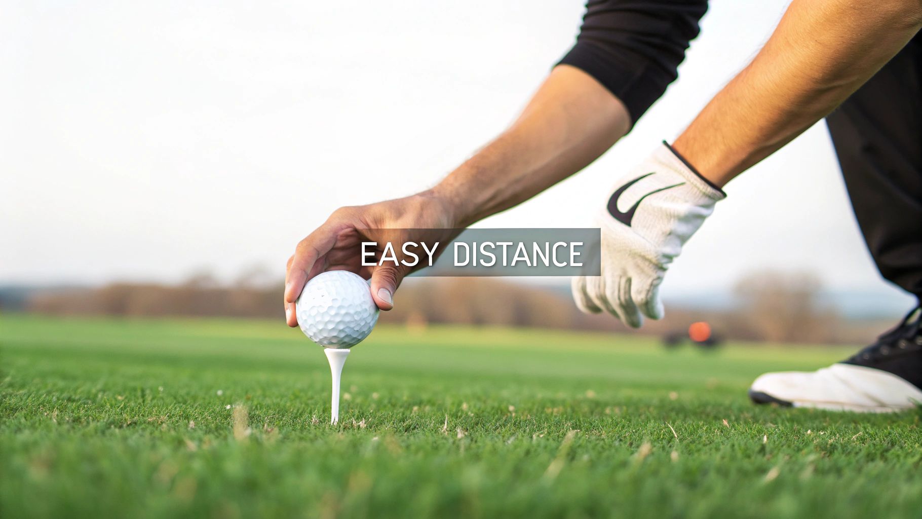 A close-up of a golfer's hand placing a white golf ball onto a tee on a green course.