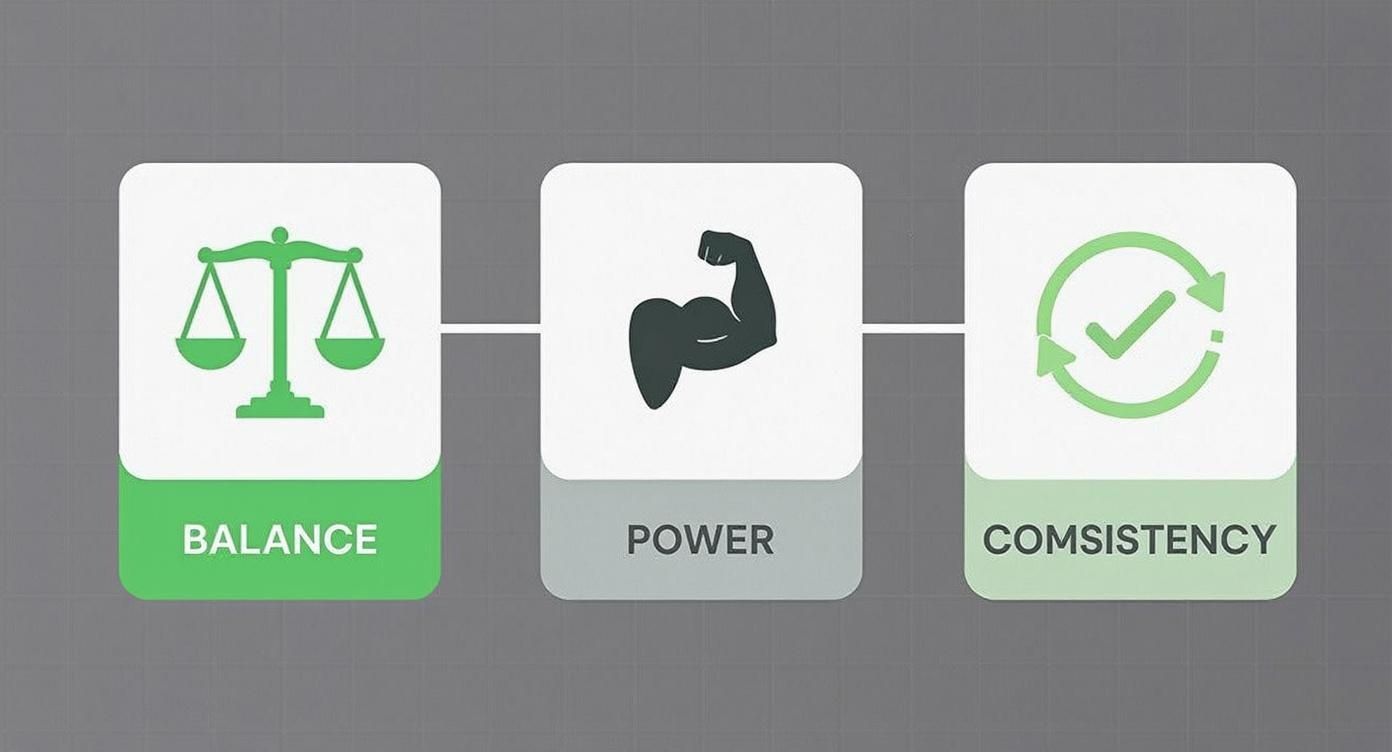 Three cards showing balance scales, flexed arm power symbol, and consistency checkmark representing golf fundamentals
